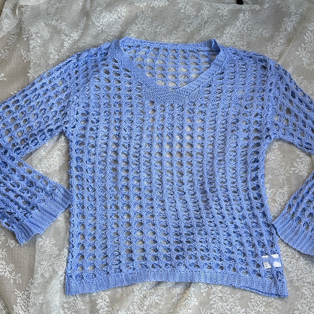 Blue Open Knit Crochet Women's Sweater Oversized Small